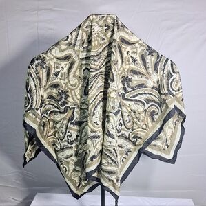 Vintage Casca Silk Neutral Paisley 30" X 30" Olive Green And Black Scarf